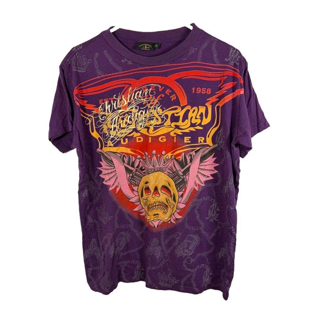 Christian Audigier Mens Purple Rhinestone Skull Graphic T-Shirt XL Tattoo Y2K